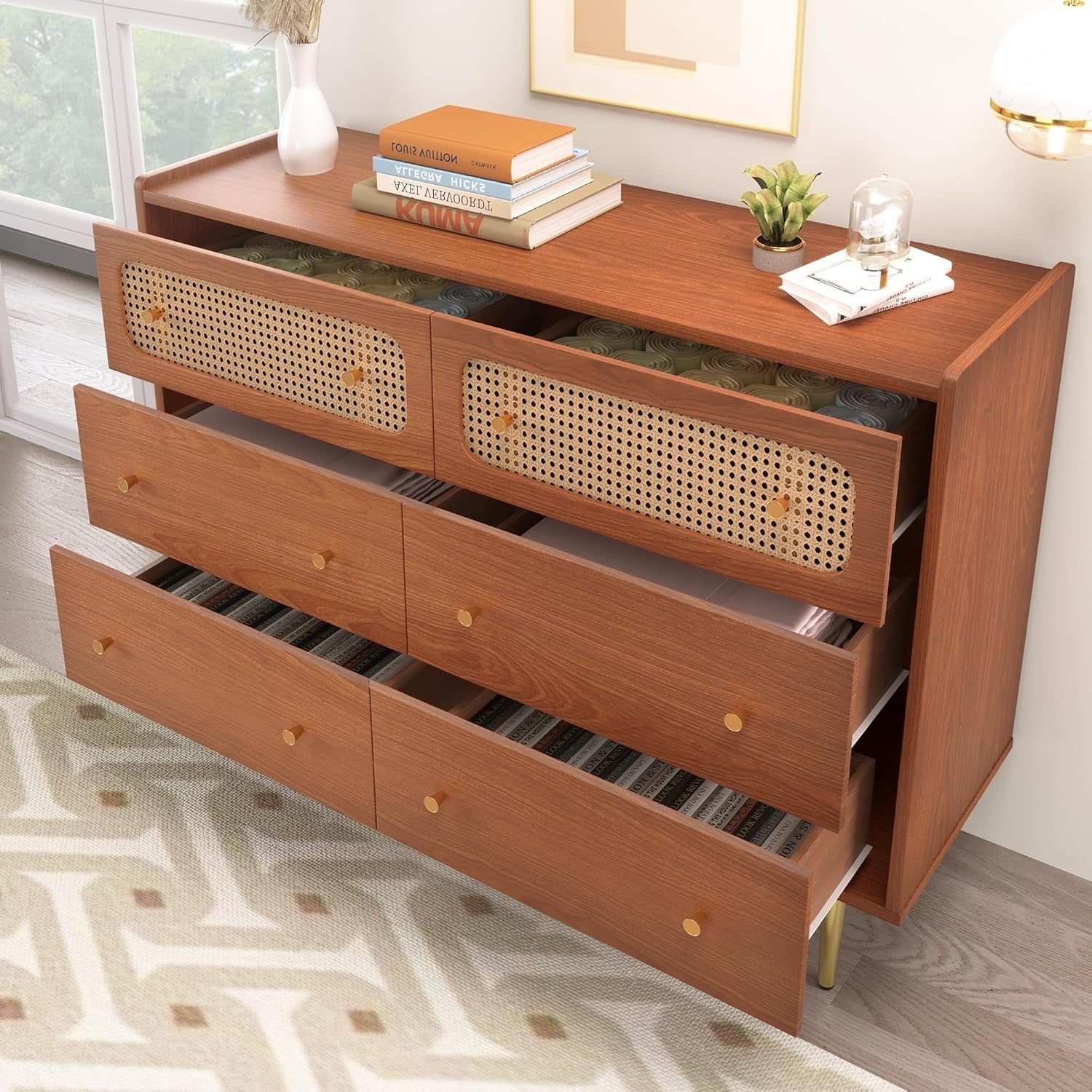 Walnut Rattan Sideboard Cabinet 6 Drawer Chest Storage Unit Modern