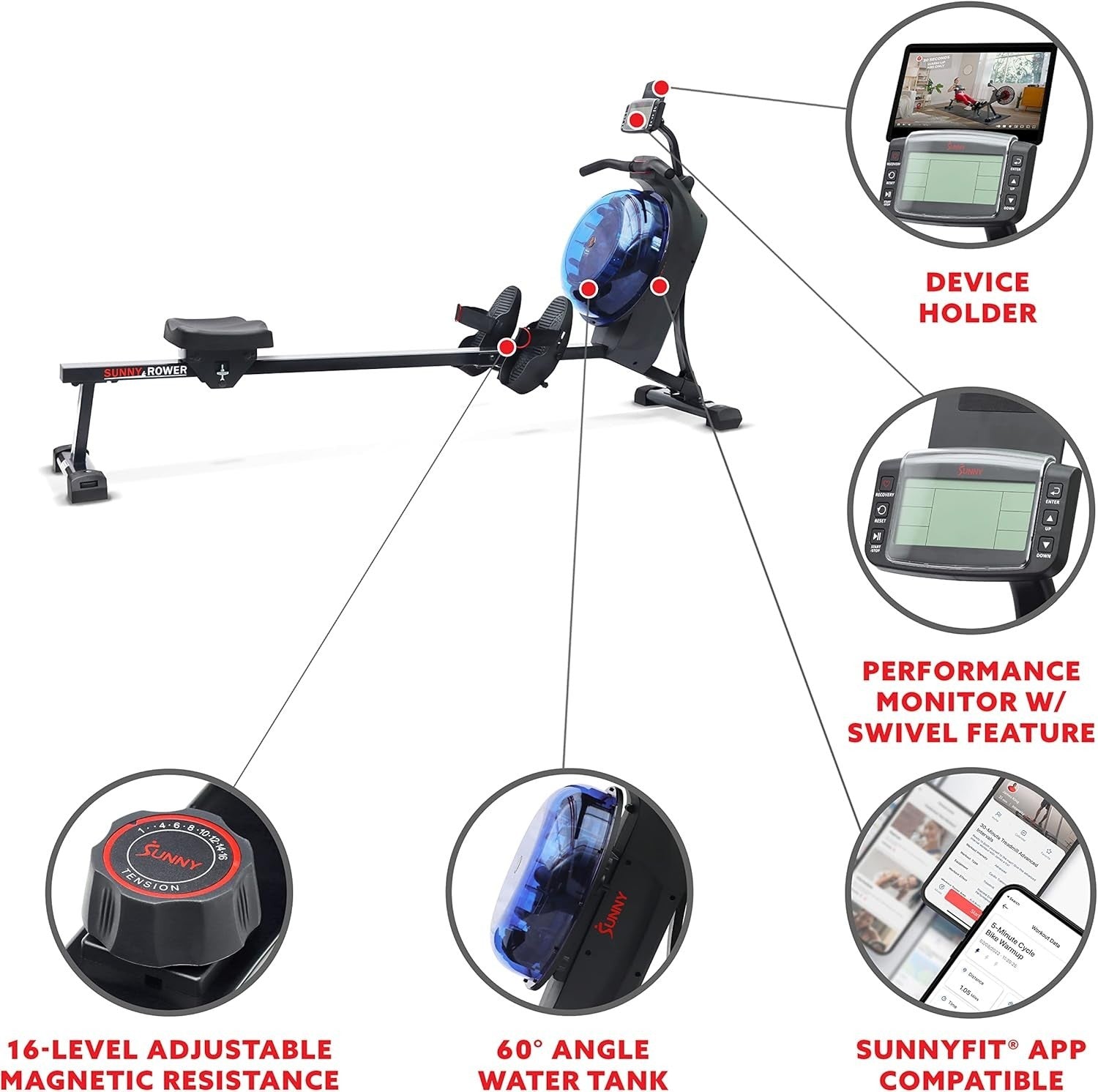 Dual Magnetic Water Rowing Machine Smart LCD App Long Rail Blue Rower 120KG