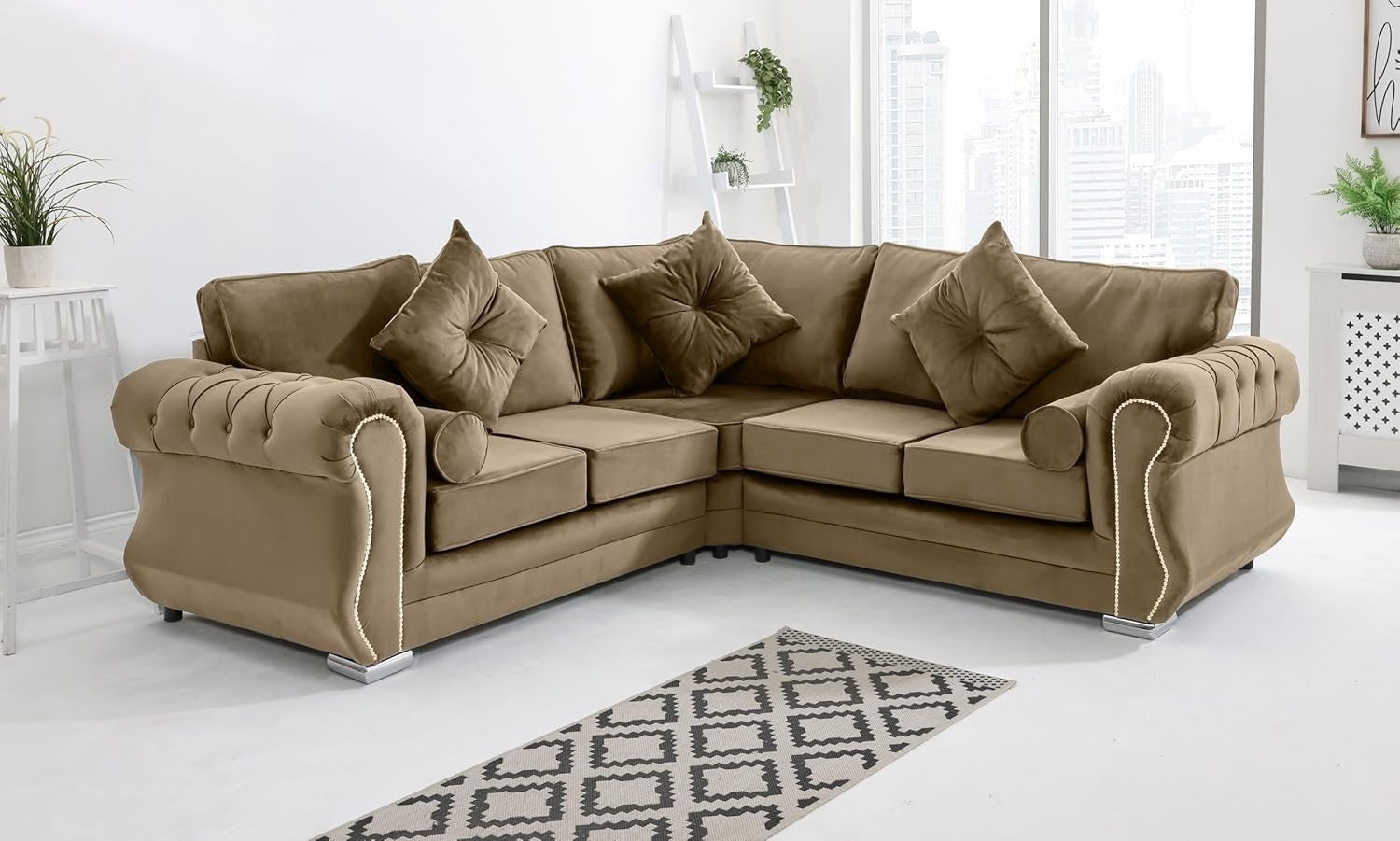 Mink Velvet Corner Sofa 5 Seater Plush Fabric, Foam Cushions, Chrome Legs