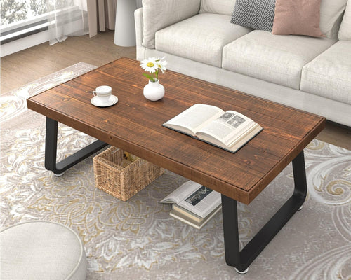 Rustic Wood Coffee Table 120CM – Industrial Metal Frame, Solid Cedar Top
