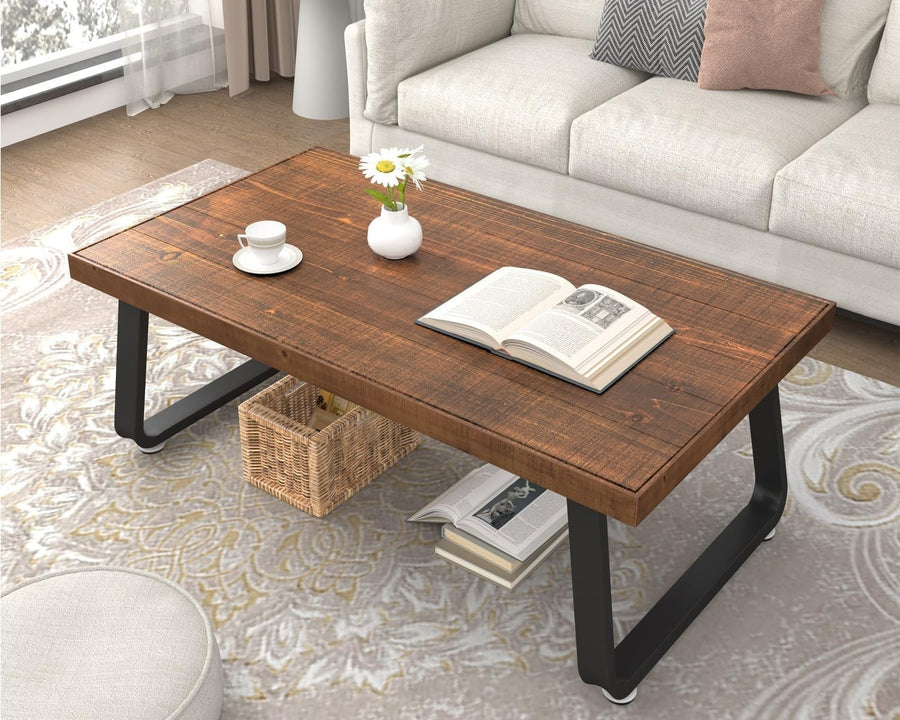Rustic Wood Coffee Table 120CM – Industrial Metal Frame, Solid Cedar Top