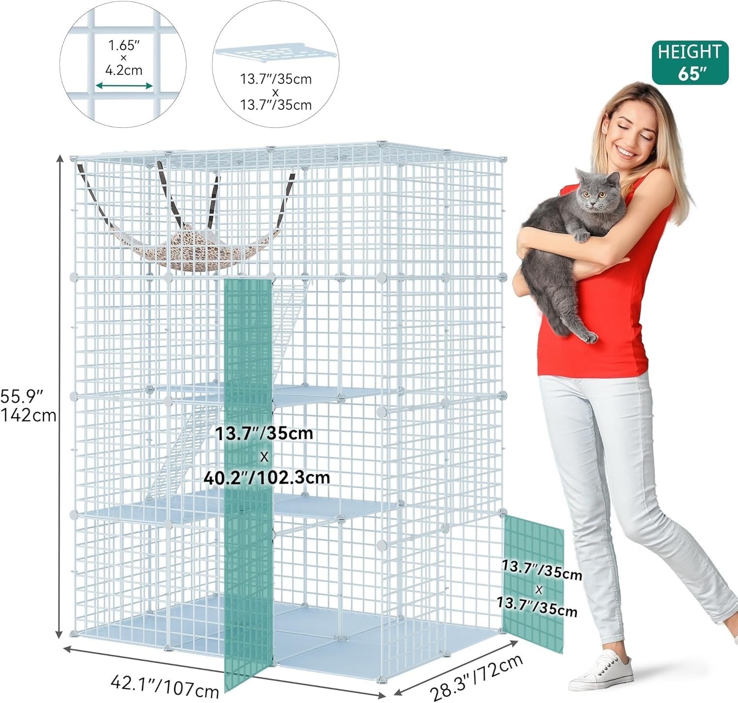 4-Tier Large Indoor Cat Cage Playpen with Hammock, 4 Doors & Ladders, 107x72x142