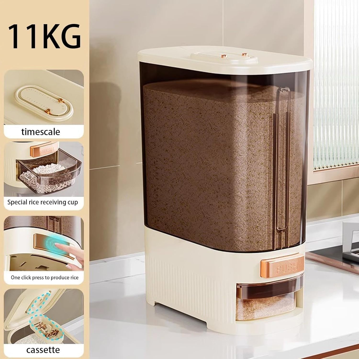 10KG Sealed Rice Dispenser Airtight Grain Storage Bin with Time Tracker