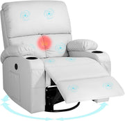 Swivel Rocker Recliner Massage Heat USB Type-C Faux Leather Light Grey