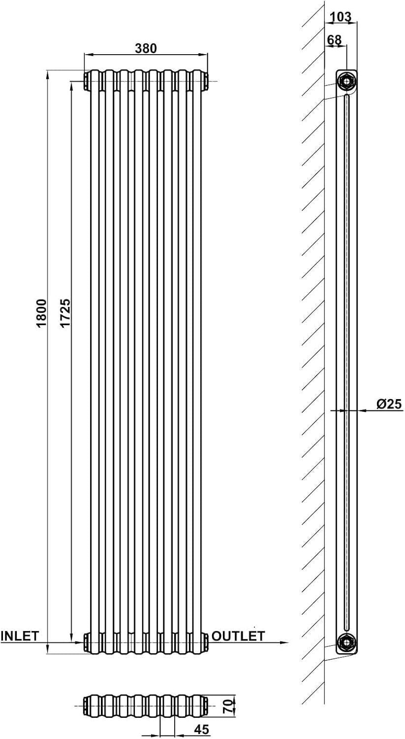 Anthracite 2 Column Vertical Radiator 1800x380mm Modern Cast Iron