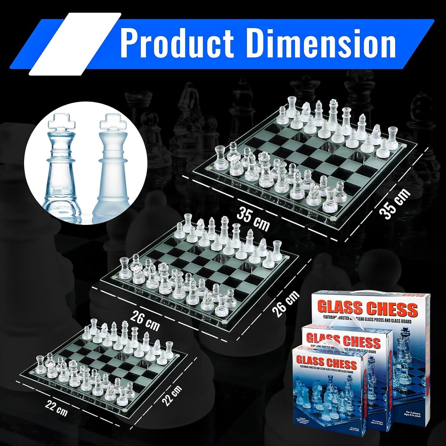 Glass Chess Set 35cm Luxury Frosted & Clear Board Crystal Game Set