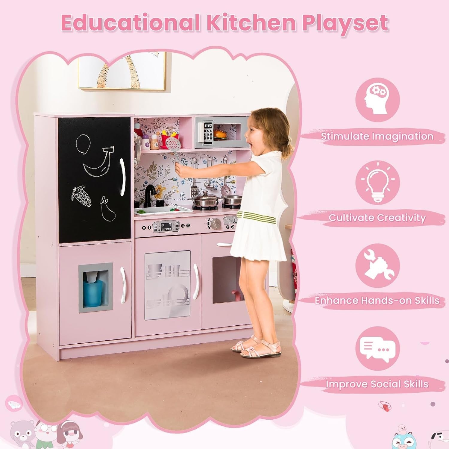 Wooden Kids Play Kitchen Pink Ice Maker Cooker Toy Set w Accessories