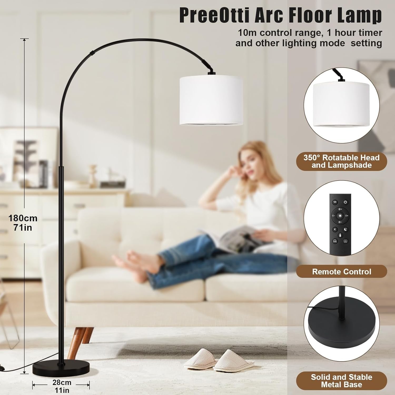 Arc Floor Lamp Remote Dimmable Corner Standing Light Modern Tall
