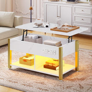 Lift Top Coffee Table with Storage, LED Lights, USB & Outlets – White Marble