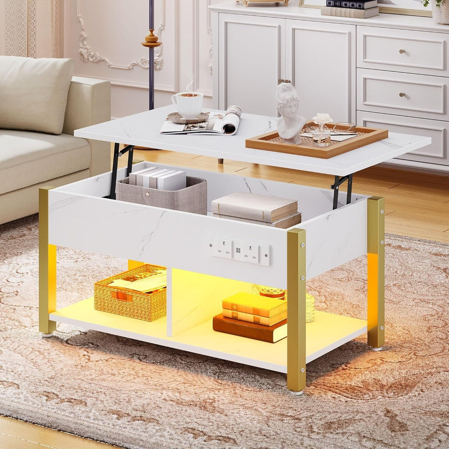 Lift Top Coffee Table with Storage, LED Lights, USB & Outlets – White Marble