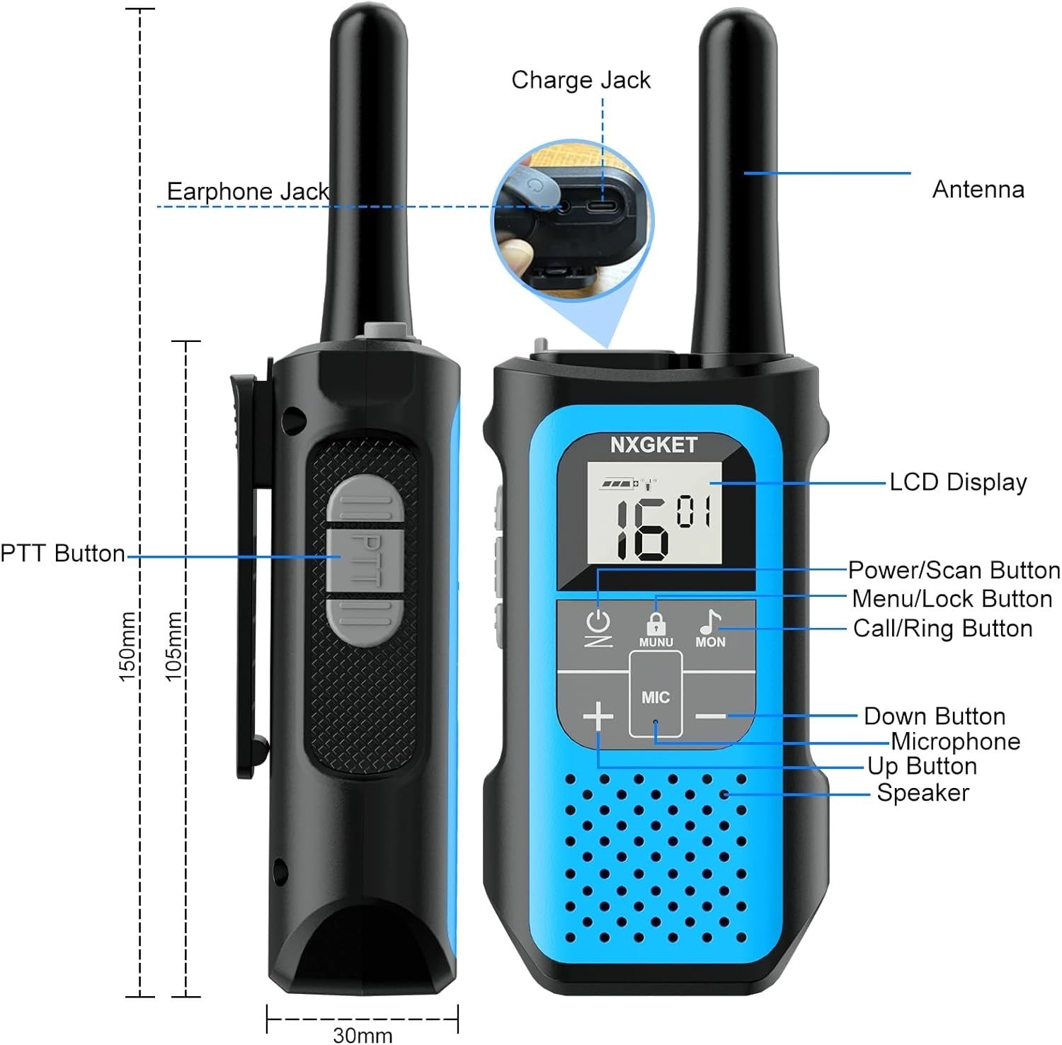 Rechargeable Walkie Talkies 2 Pack Long Range 5KM VOX 16 Channel Radio