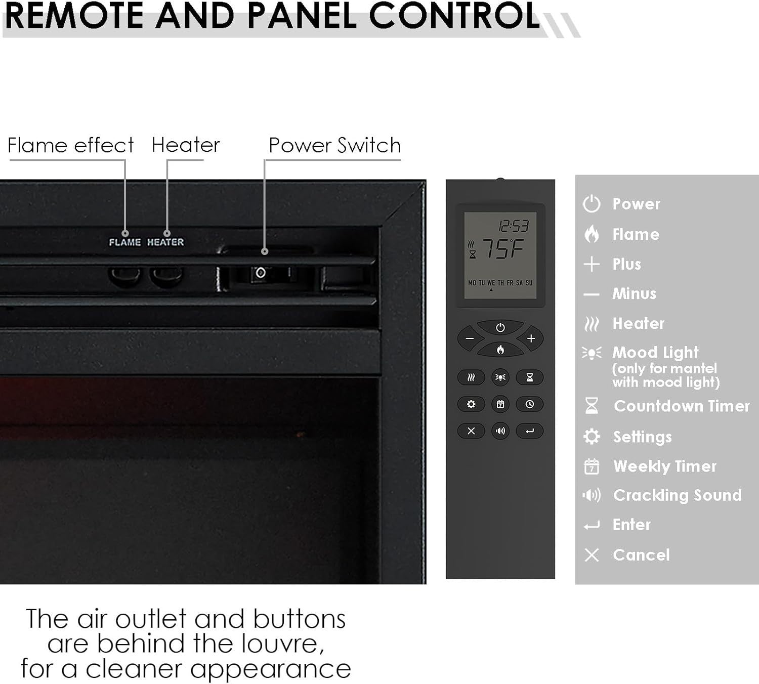 Electric Fireplace Insert 92cm Built-In LED Flame Heater Remote Control