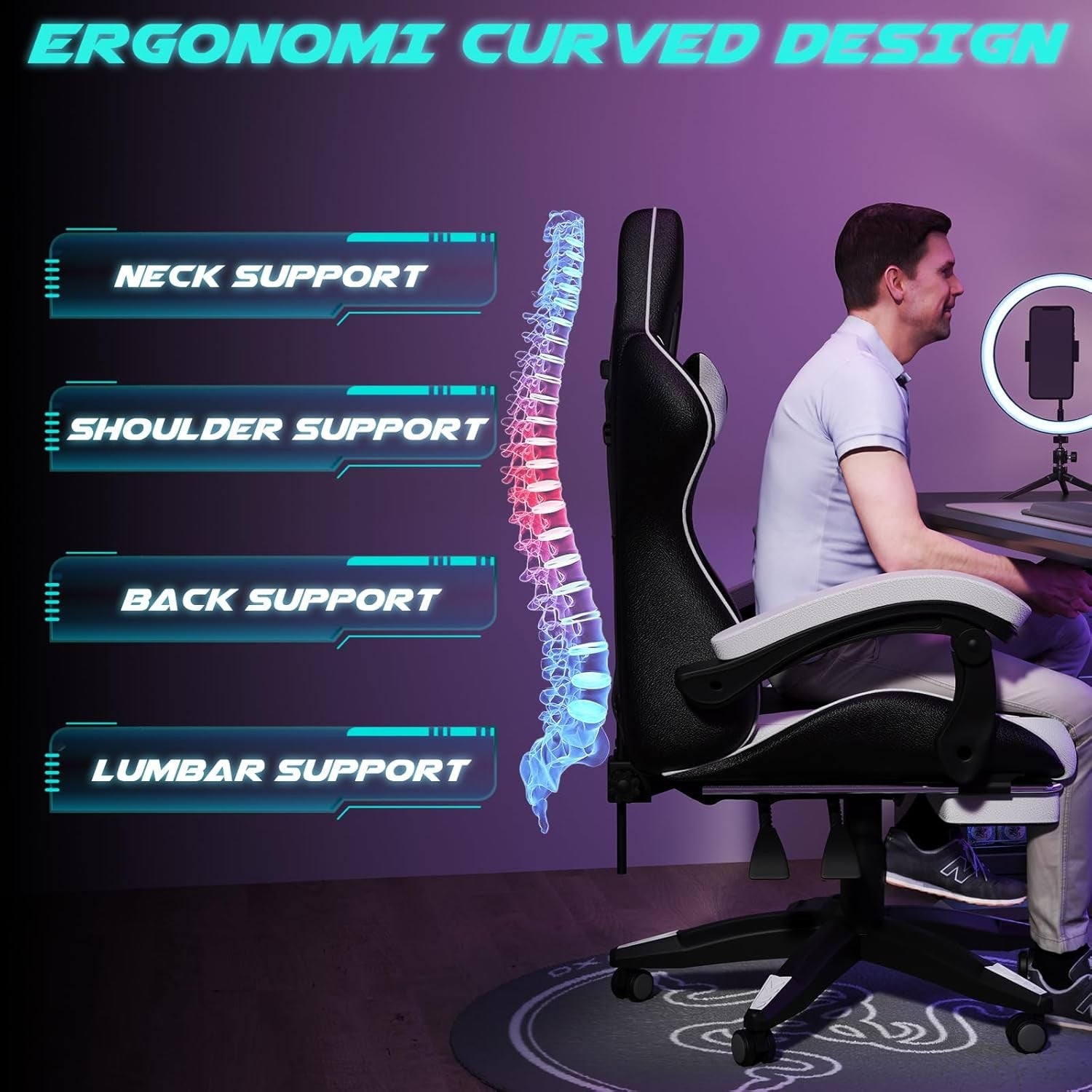 Ergonomic Gaming Chair with Footrest & Lumbar Support – White
