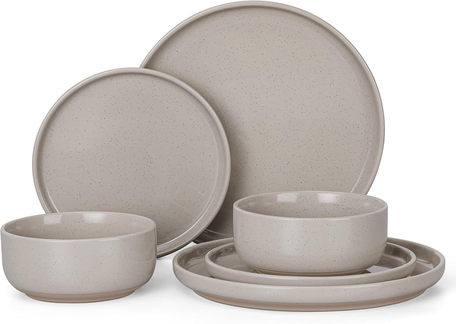 6pc Stoneware Dinnerware Set Plates Bowls Speckled Cream for 2