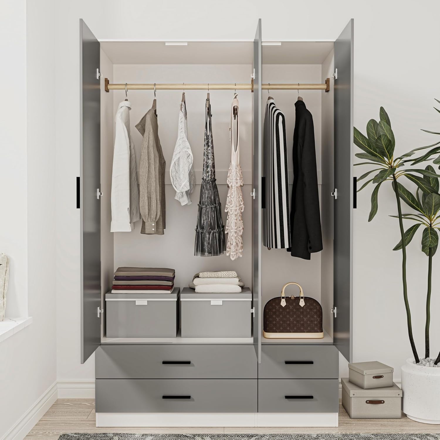 White Grey 3 Door Wardrobe with 4 Drawers Hanging Rail Bedroom Storage