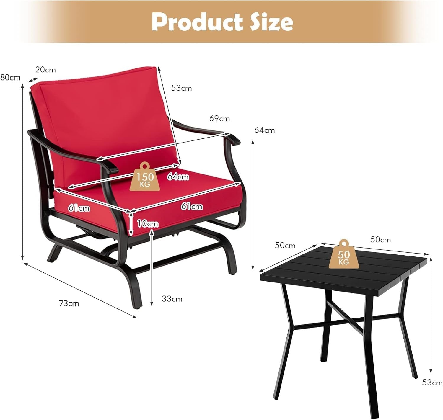 Outdoor Glider Rocking Chair Set w/Cushions & Table Patio Garden