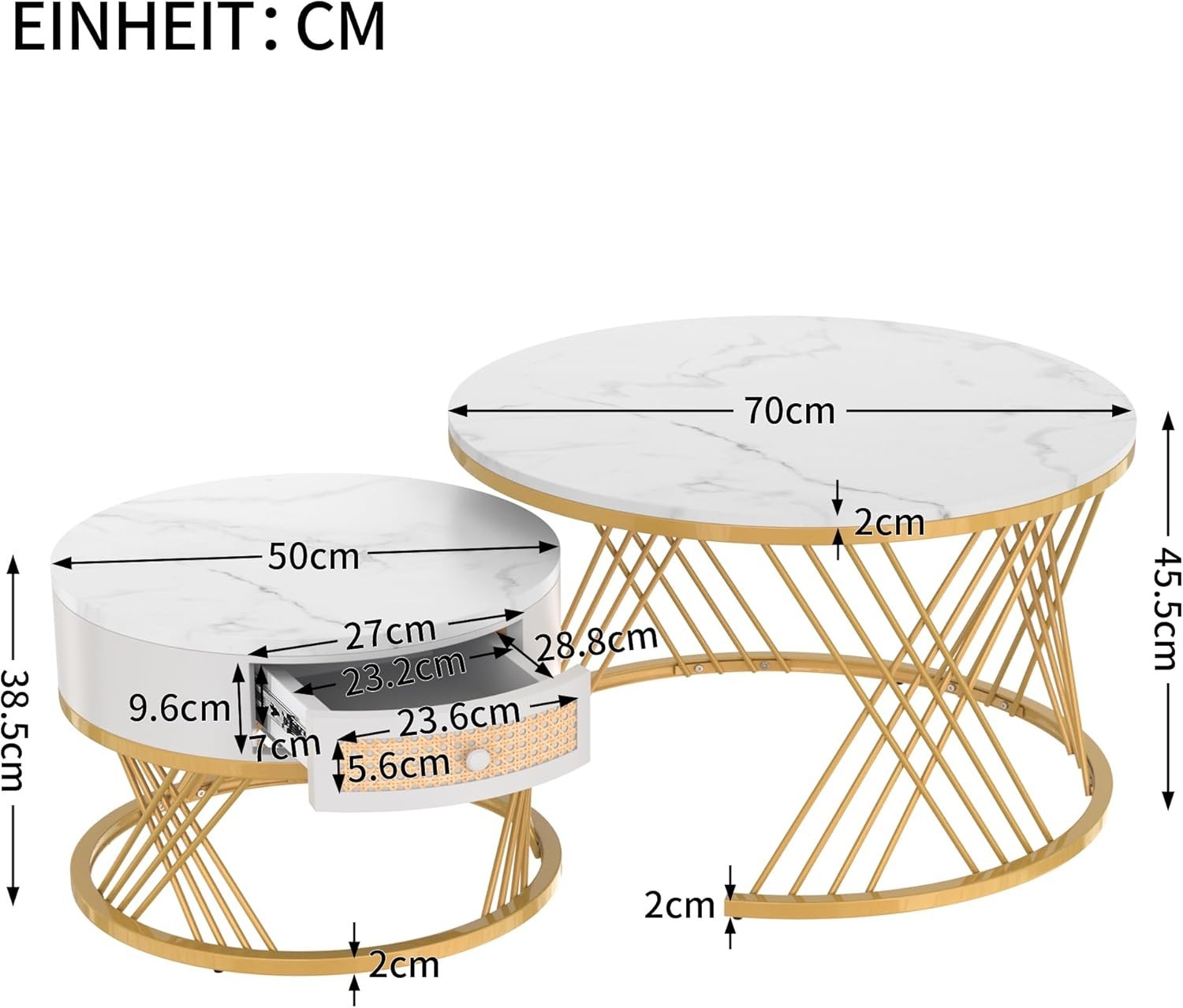 2PC Nesting Coffee Table Set Marble Rattan Storage Drawer Iron Legs Living Room