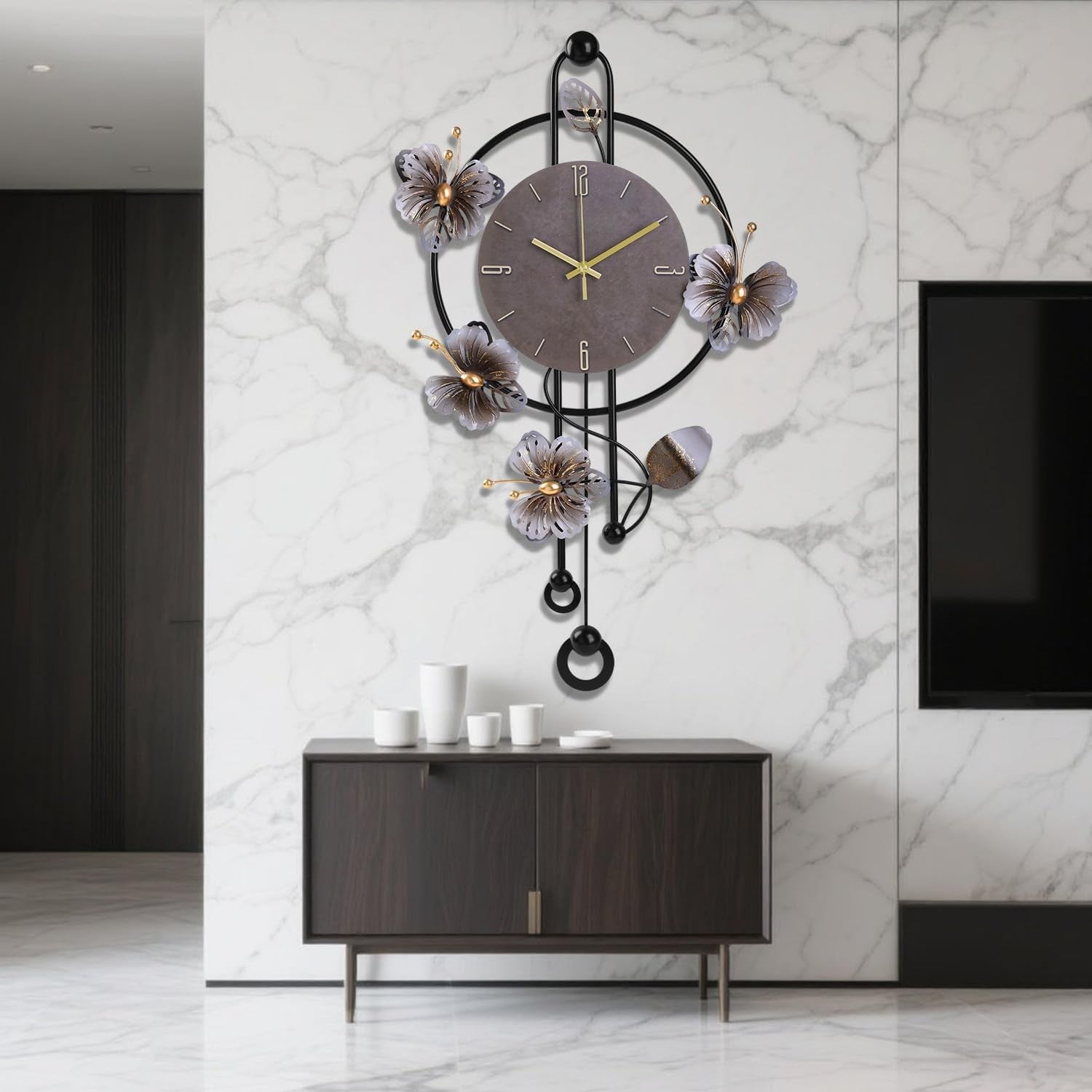Large Wall Clock 75cm Modern Metal Floral Design Silent Quartz Pendulum Decor