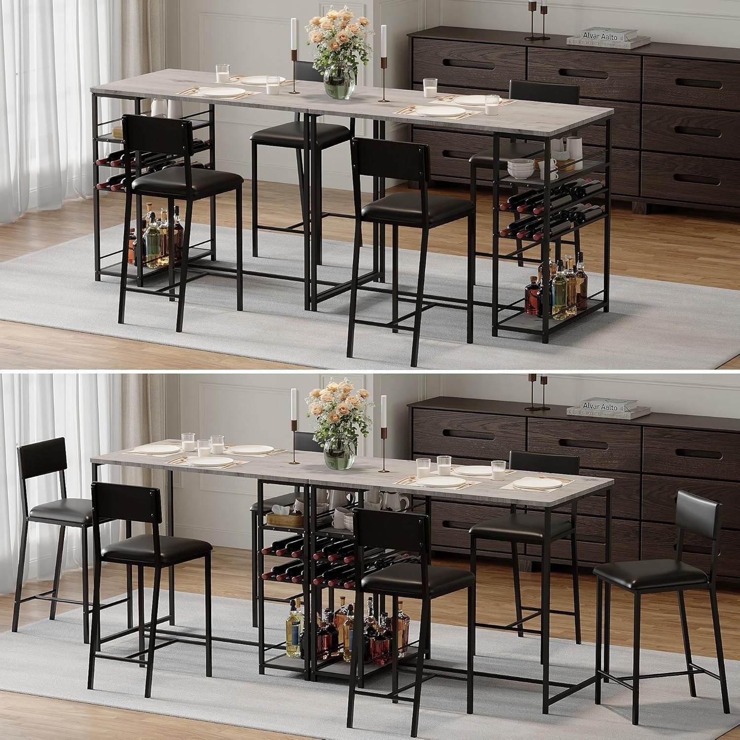 Counter Height Dining Table Set Storage Shelves & 2 Chairs Space Saving Home Set