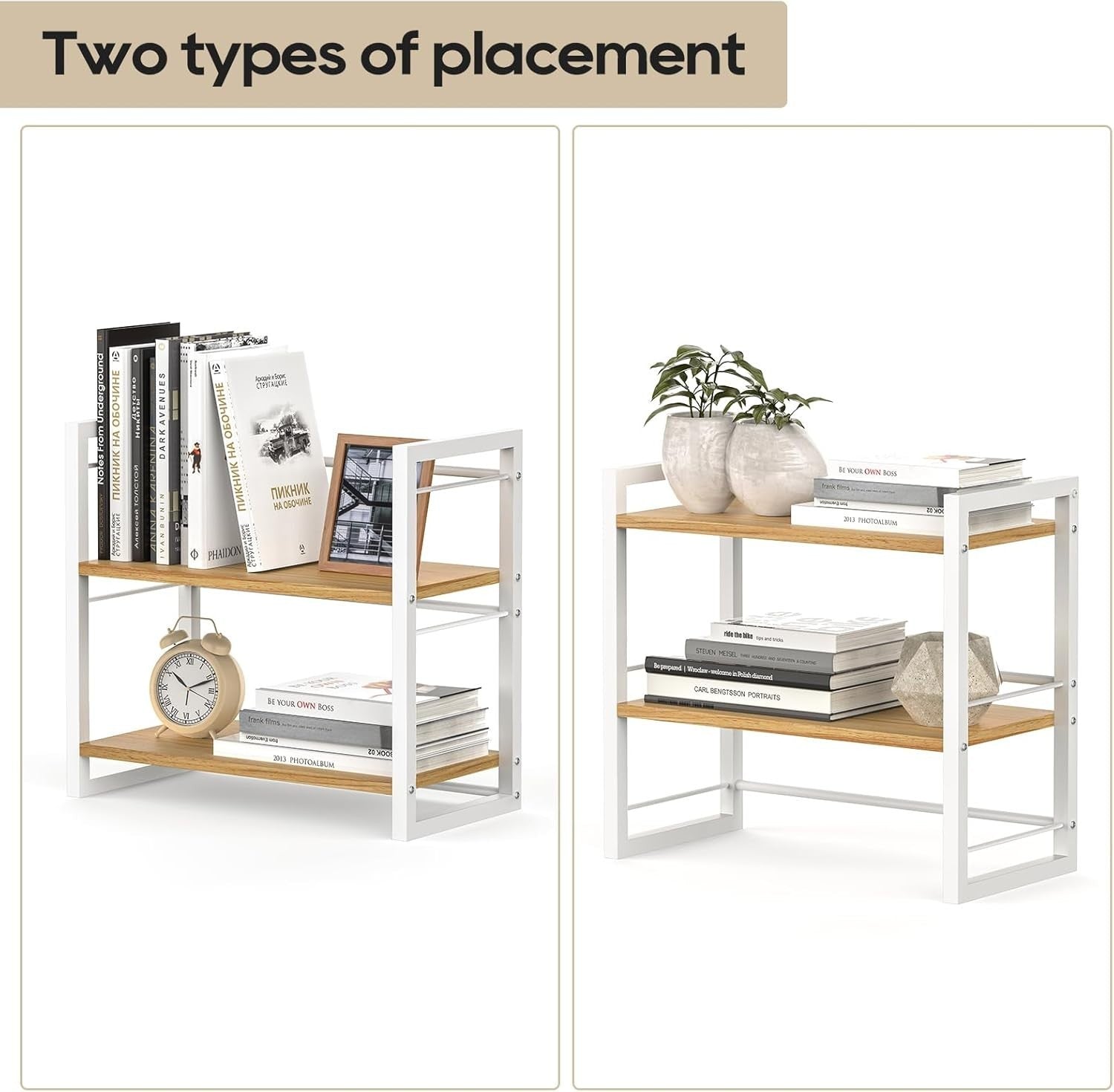 Wood Desk Shelf Organizer 2 Tier Desktop Storage Rack for Office Home White