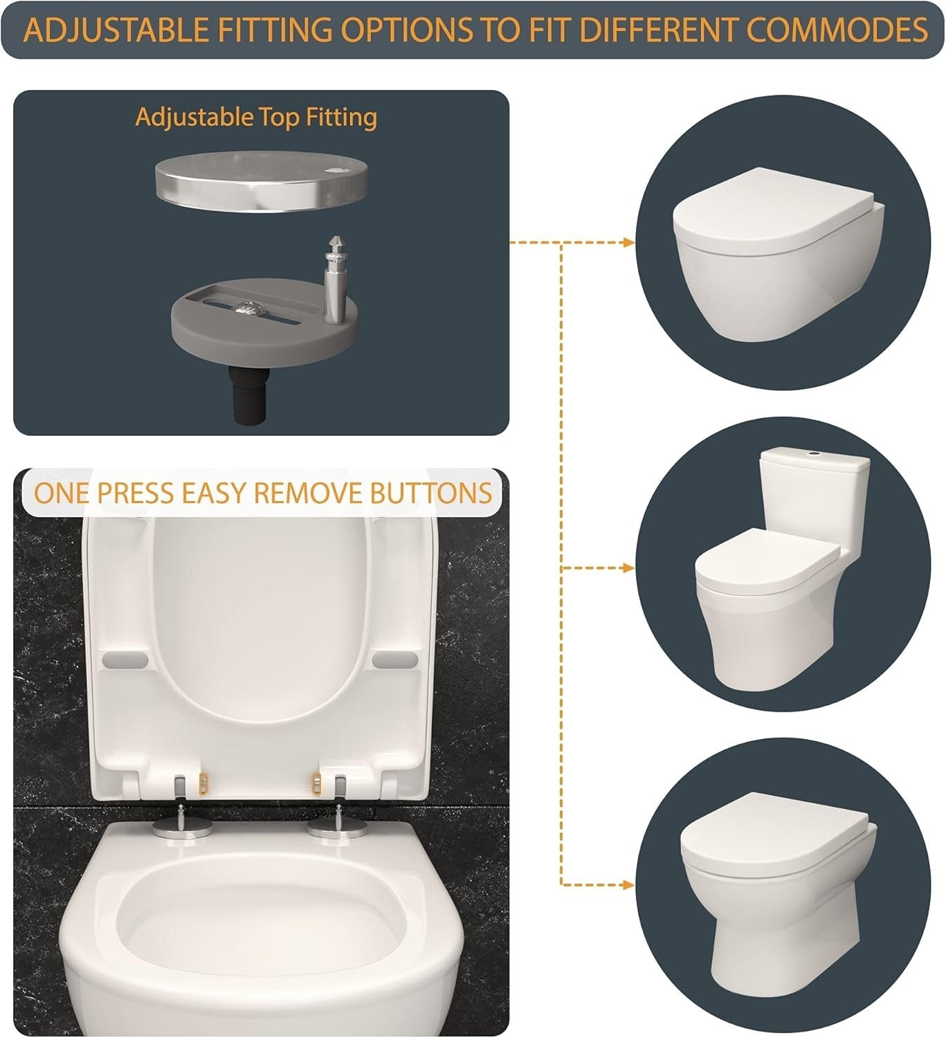 D-Shape Toilet Seat Soft Close Quick Release PP Plastic Top Fix 46x36cm