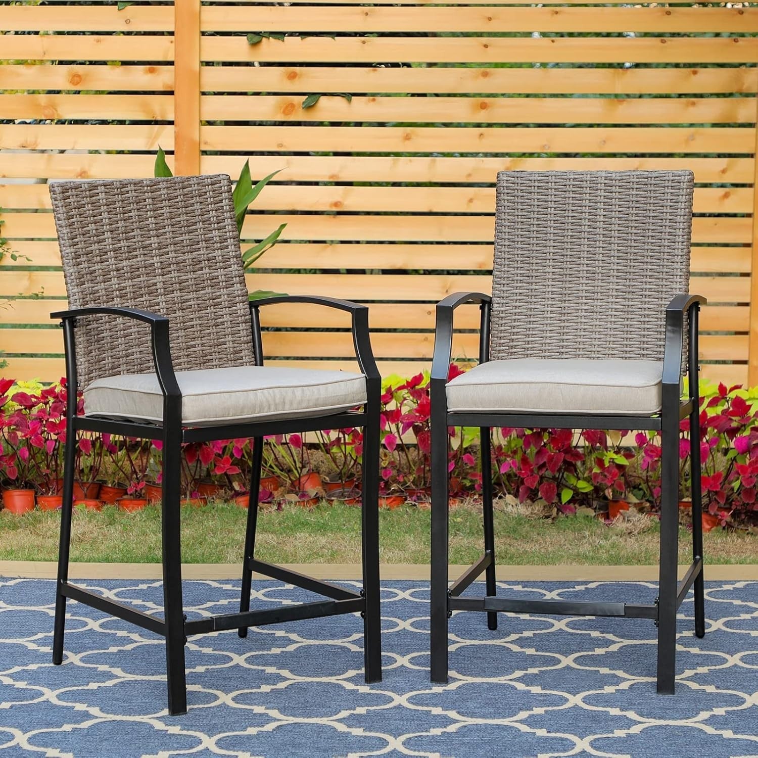 Rattan Garden Bar Stools Set of 2 High Outdoor Balcony Bistro Counter Chairs