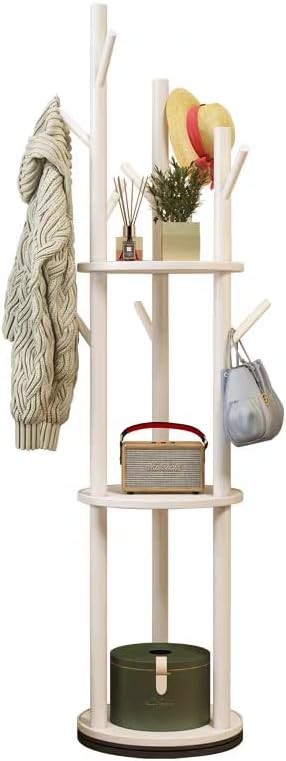 360° Rotating White Wooden Coat Rack Stand with Shelf Solid Wood Hall Tree