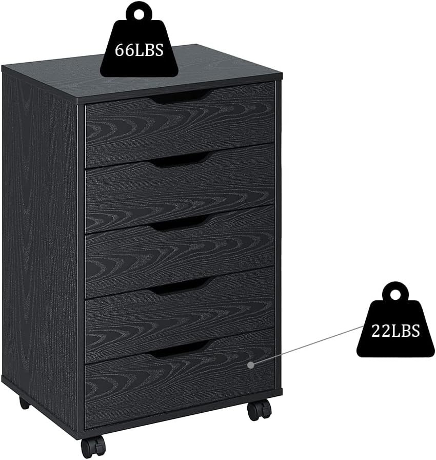 5 Drawer Mobile Filing Cabinet with Wheels Office Storage Chest Black
