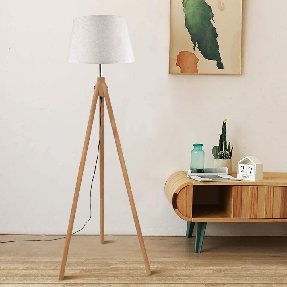 Tripod Floor Lamp Warm LED Reading Light Beige Shade Polished Wood
