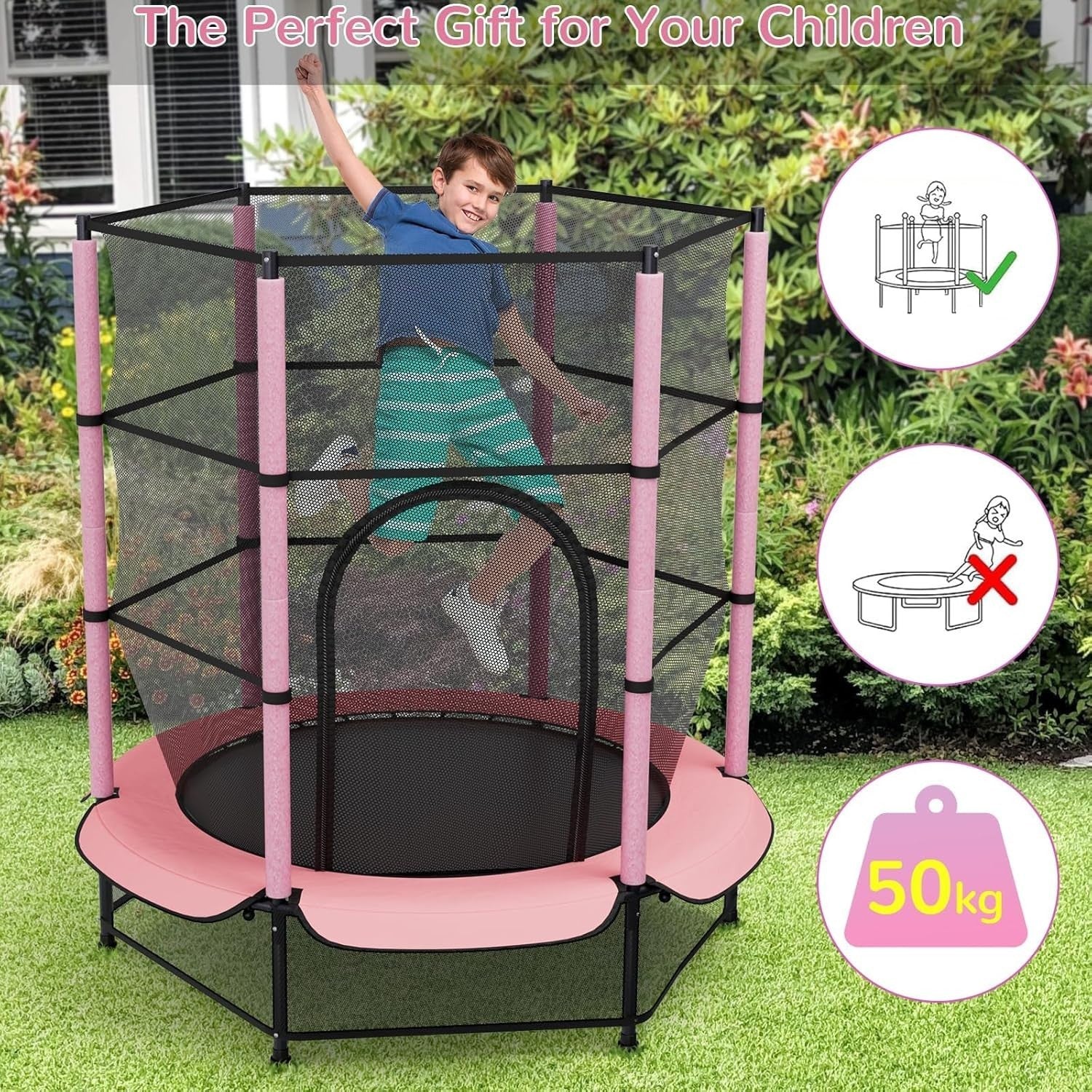 55” Kids Trampoline Indoor Outdoor Safety Enclosure Floor Net Ages 3–10