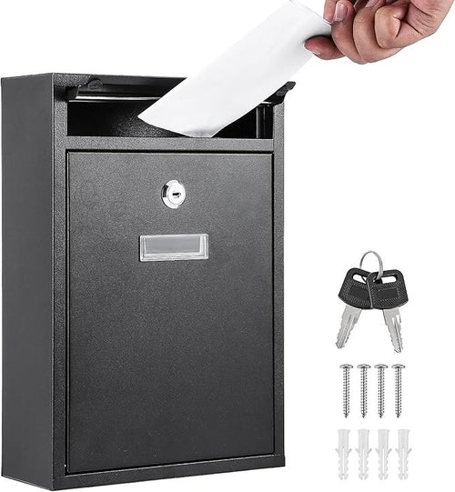 Lockable Wall Mounted Mailbox Black – Weatherproof Steel Post Box Outdoor Use