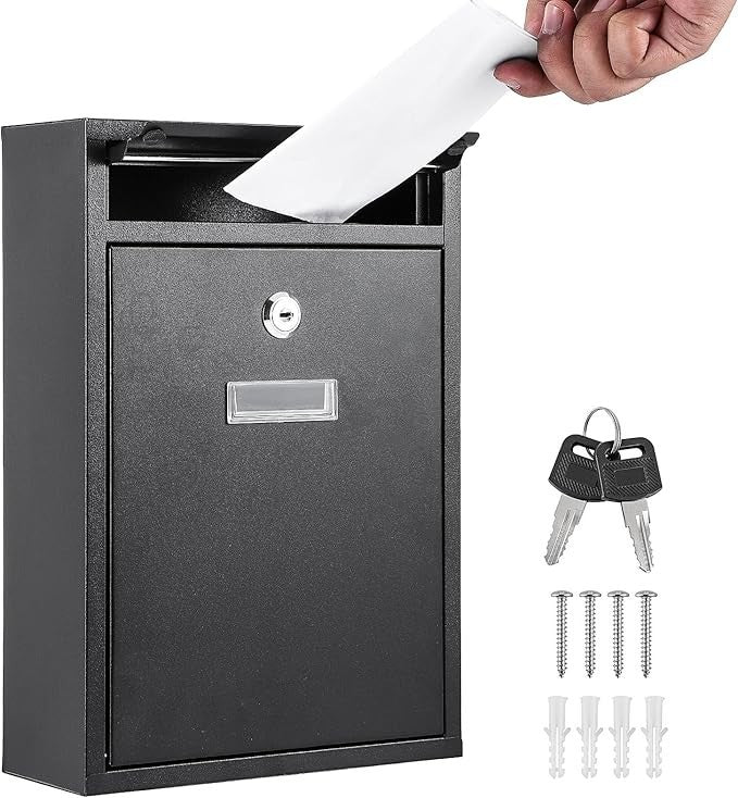 Lockable Wall Mounted Mailbox Black – Weatherproof Steel Post Box Outdoor Use