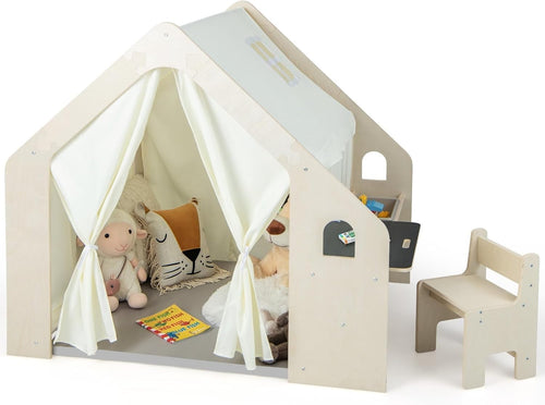 Kids Wooden Playhouse Tent with Table Chair Set Storage Bin & Blackboard