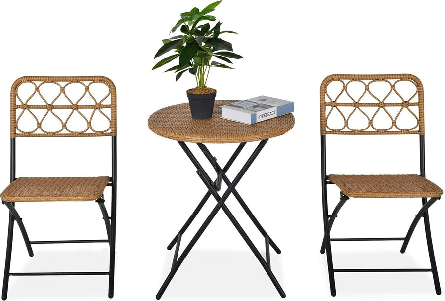 Folding Rattan Bistro Set 2 Chairs Round Table Compact Balcony Patio Set