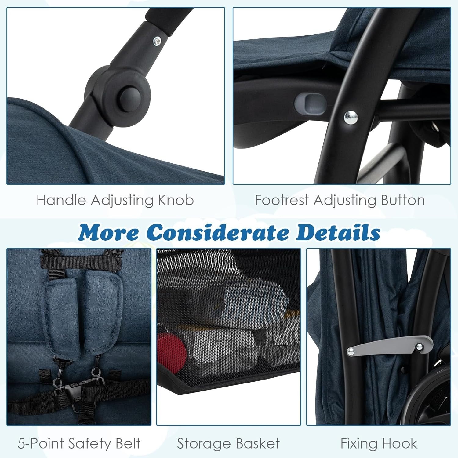 Navy Blue Double Baby Stroller Tandem Pushchair Foldable 30kg