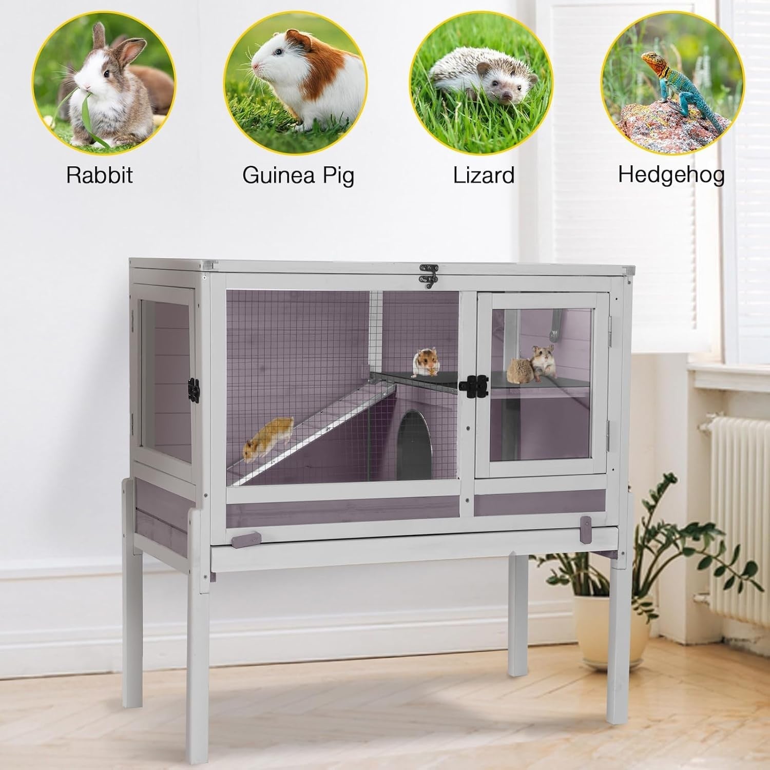 Indoor Guinea Pig Cage 2 Tier Wooden Hutch with Stand Ramp Tray