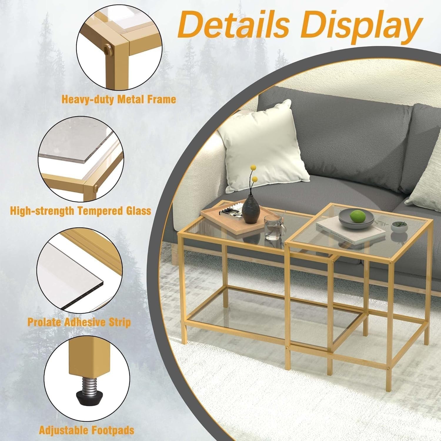 Glass Nesting Coffee Table Set 2 Side End Tables Modern Metal Frame Space Saving