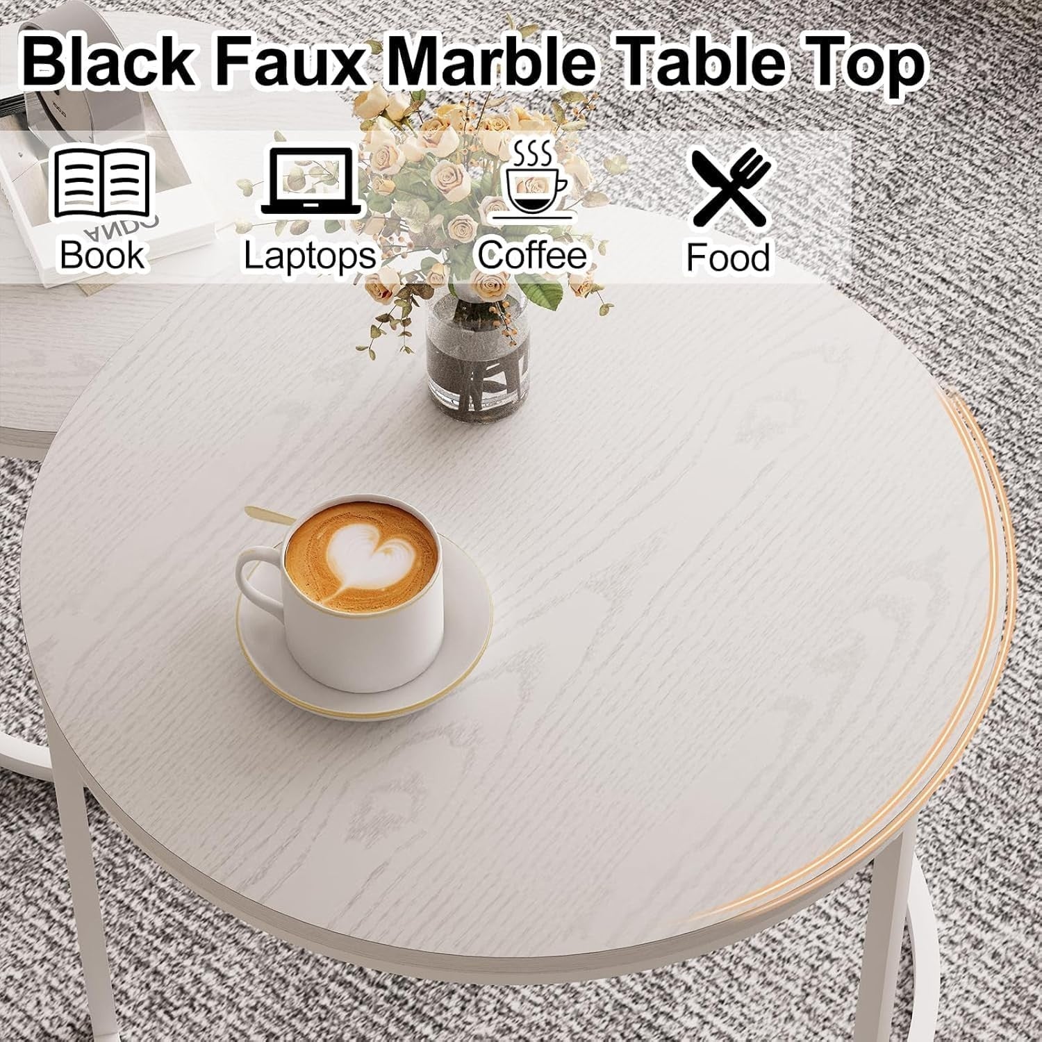 Nesting Coffee Table Set 2 Marble Top Round Modern Side End Tables White