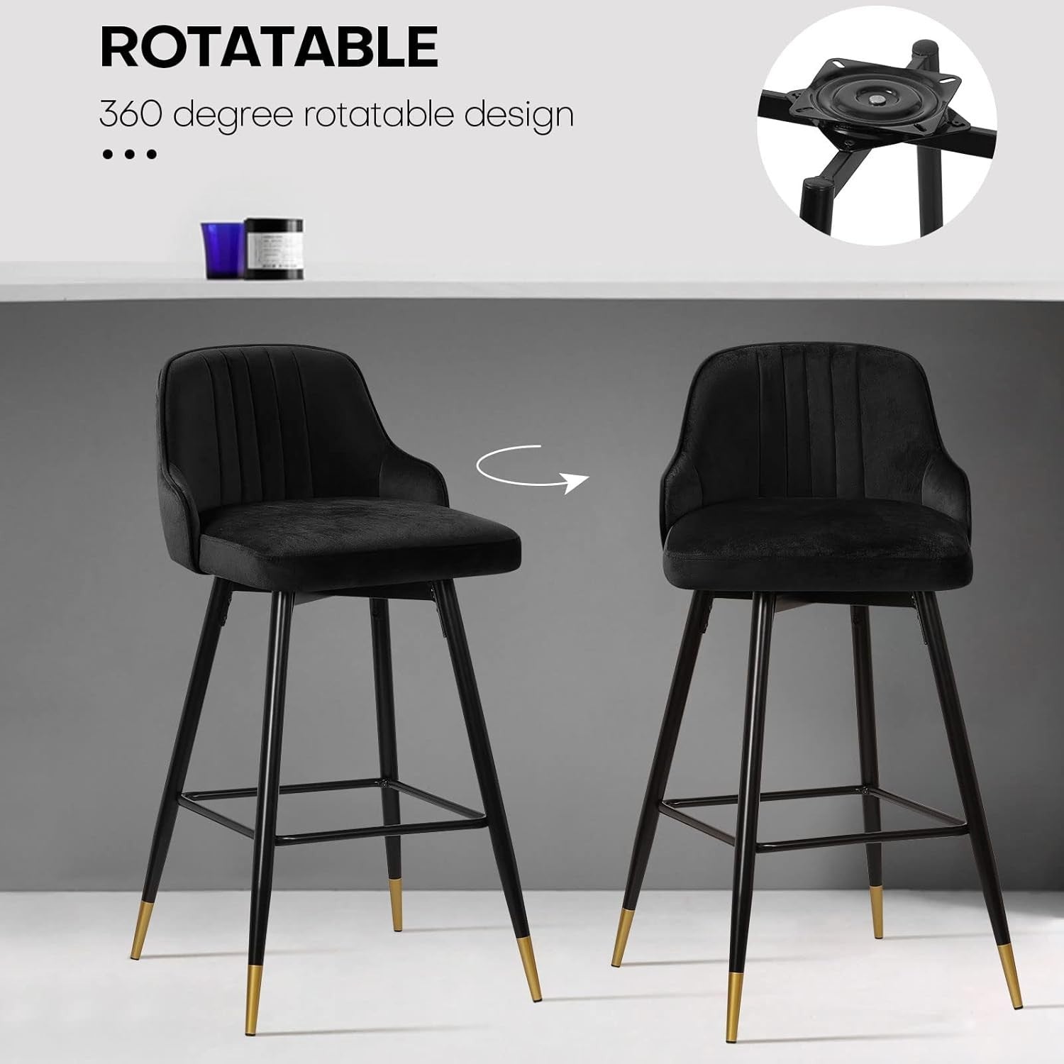 Black Velvet Swivel Bar Stools Set of 2 – Luxury Kitchen Counter Chairs
