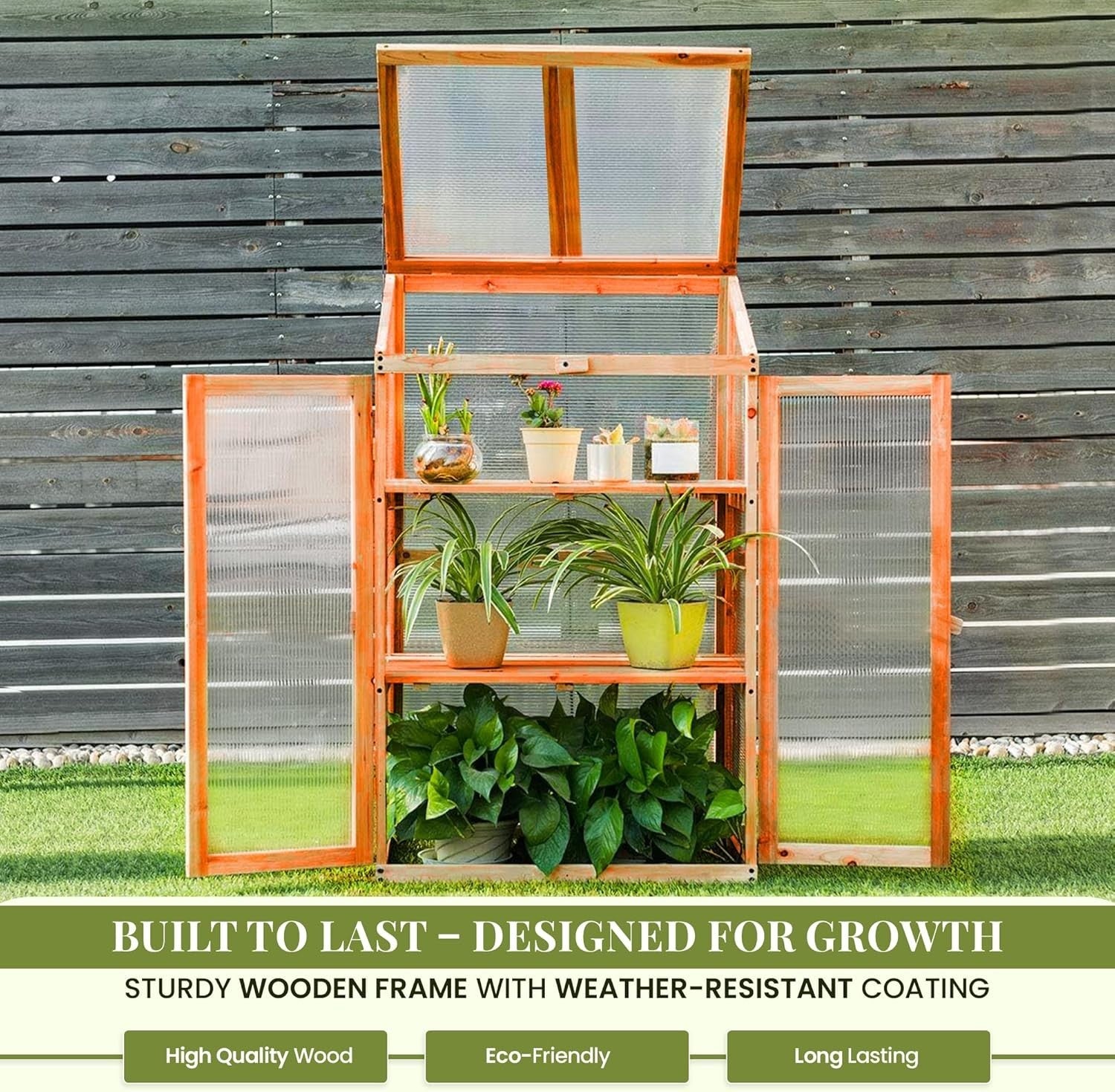 Wooden Cold Frame Greenhouse with Polycarbonate Panels & Removable Shelves
