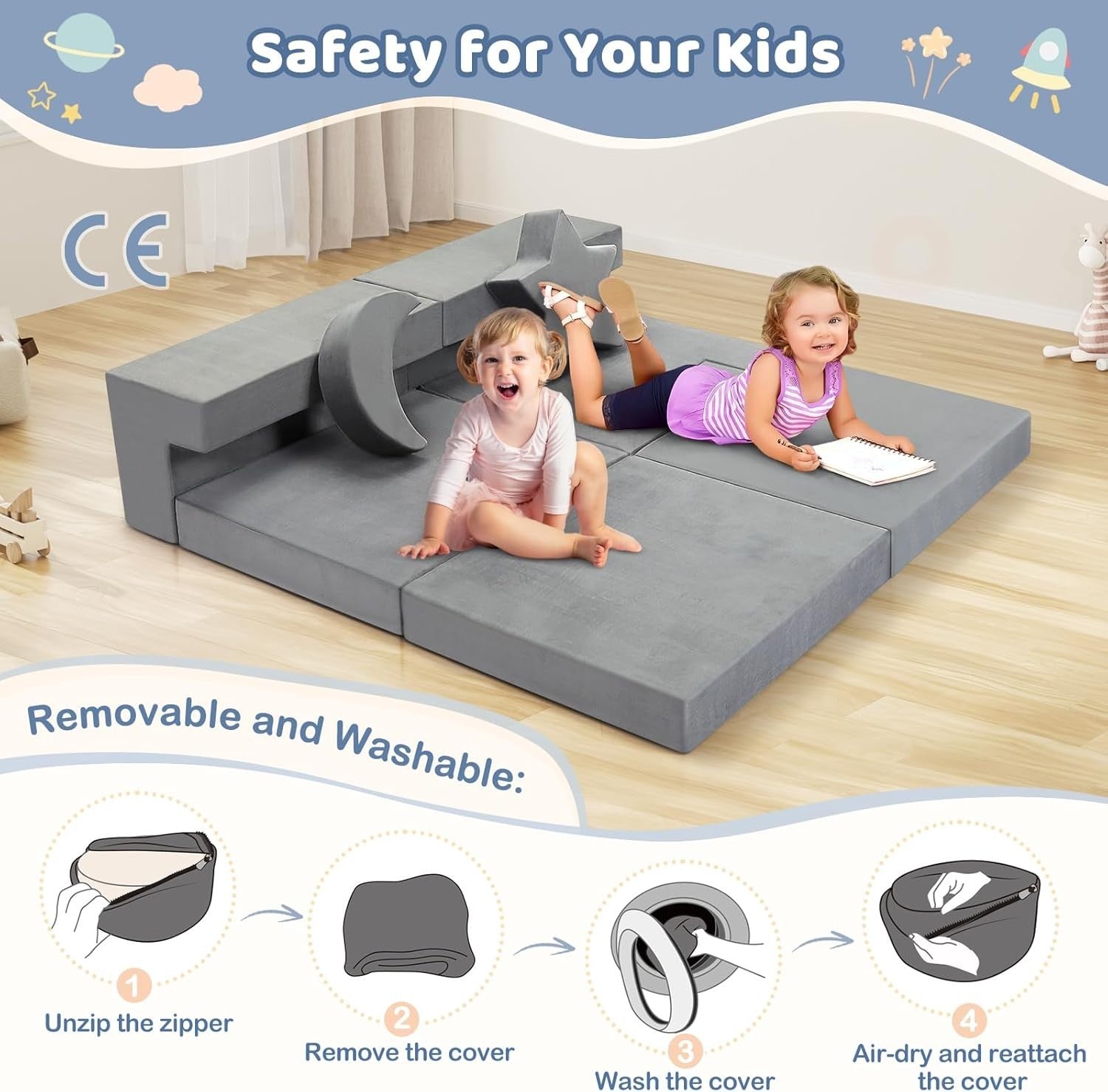 Modular Kids Foam Sofa Set with Glow-in-the-Dark, Washable Cover, Creative Play