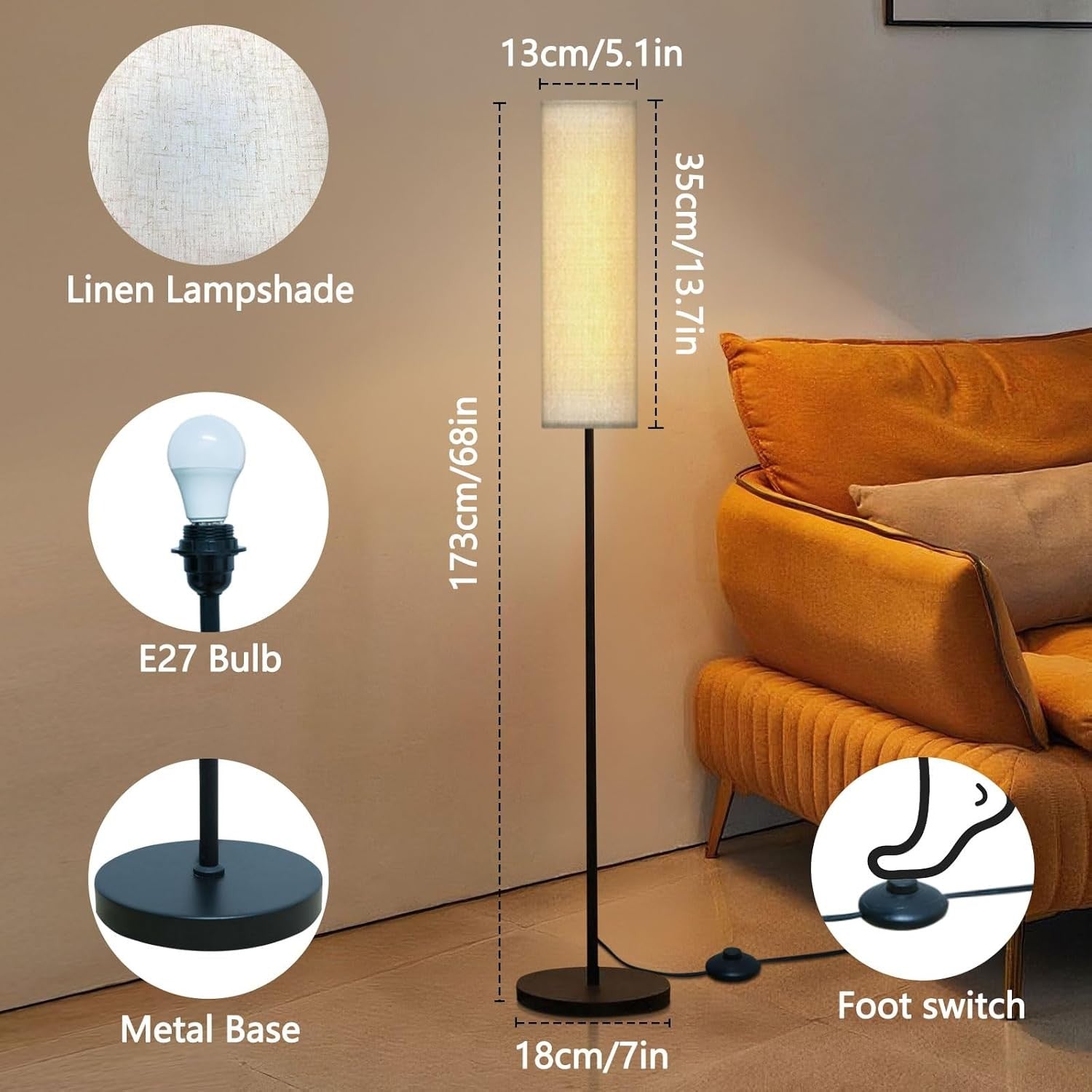 Floor Lamp Tall Dimmable Linen Shade Standing Light Foot Switch Modern
