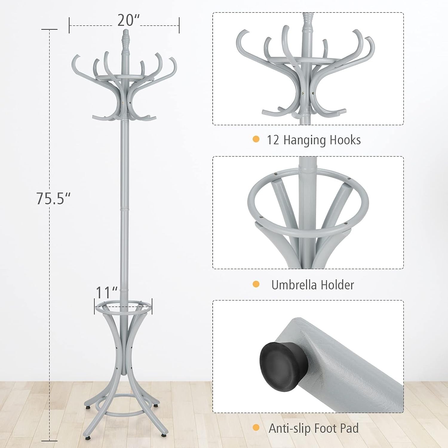 Wooden Coat Rack Stand 12 Hooks & Umbrella Holder | 75.5” Freestanding Hall Tree