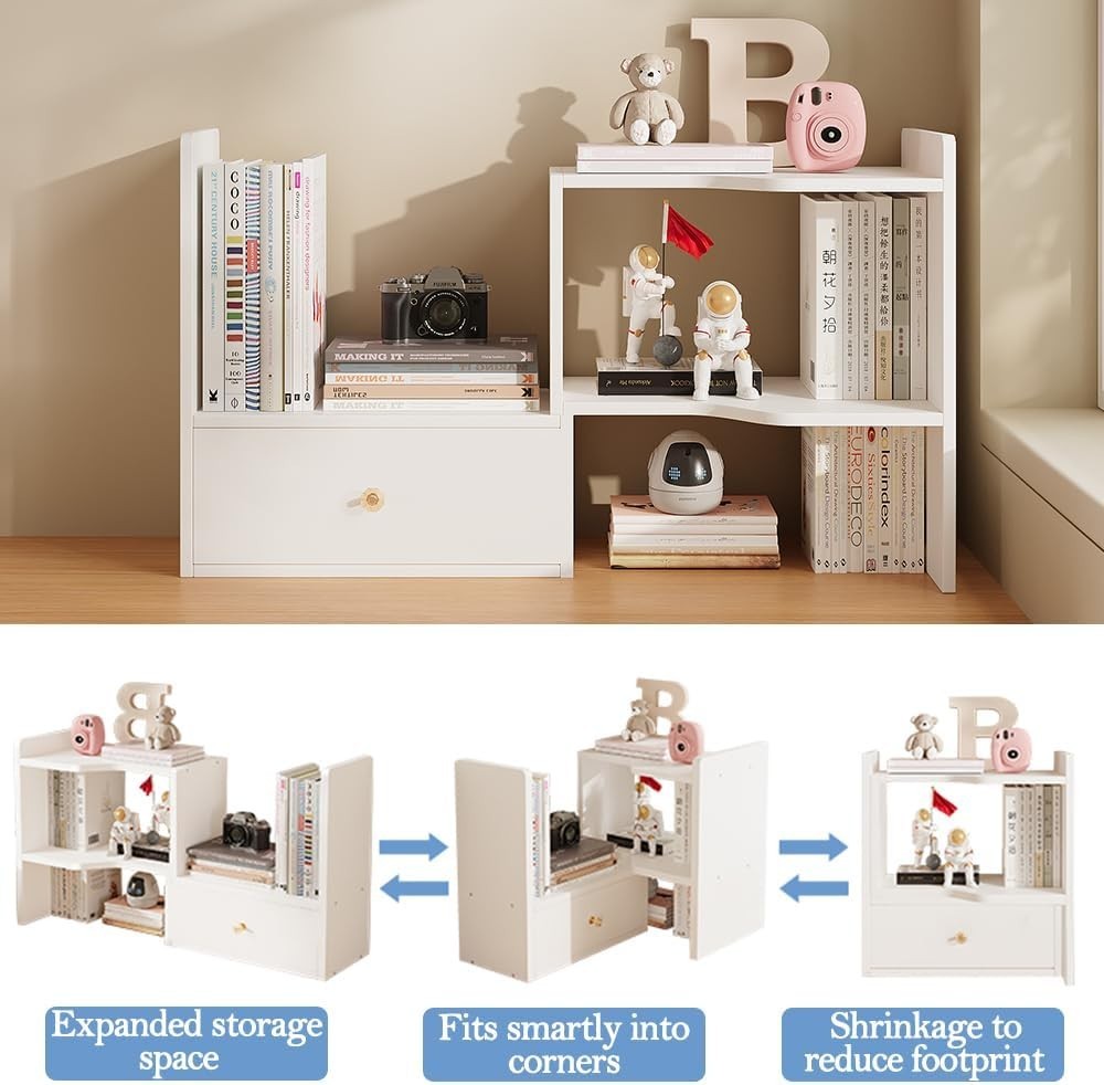 Expandable Desktop Bookshelf Adjustable Desk Organizer Storage Rack White