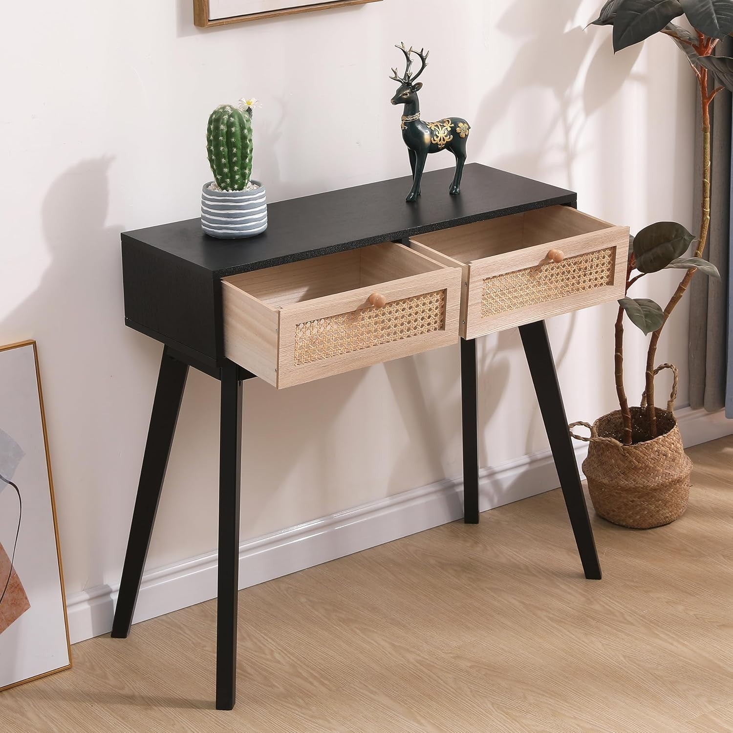 Modern Console Table with 2 Drawers & Pine Wood Legs – Stylish Storage & Display
