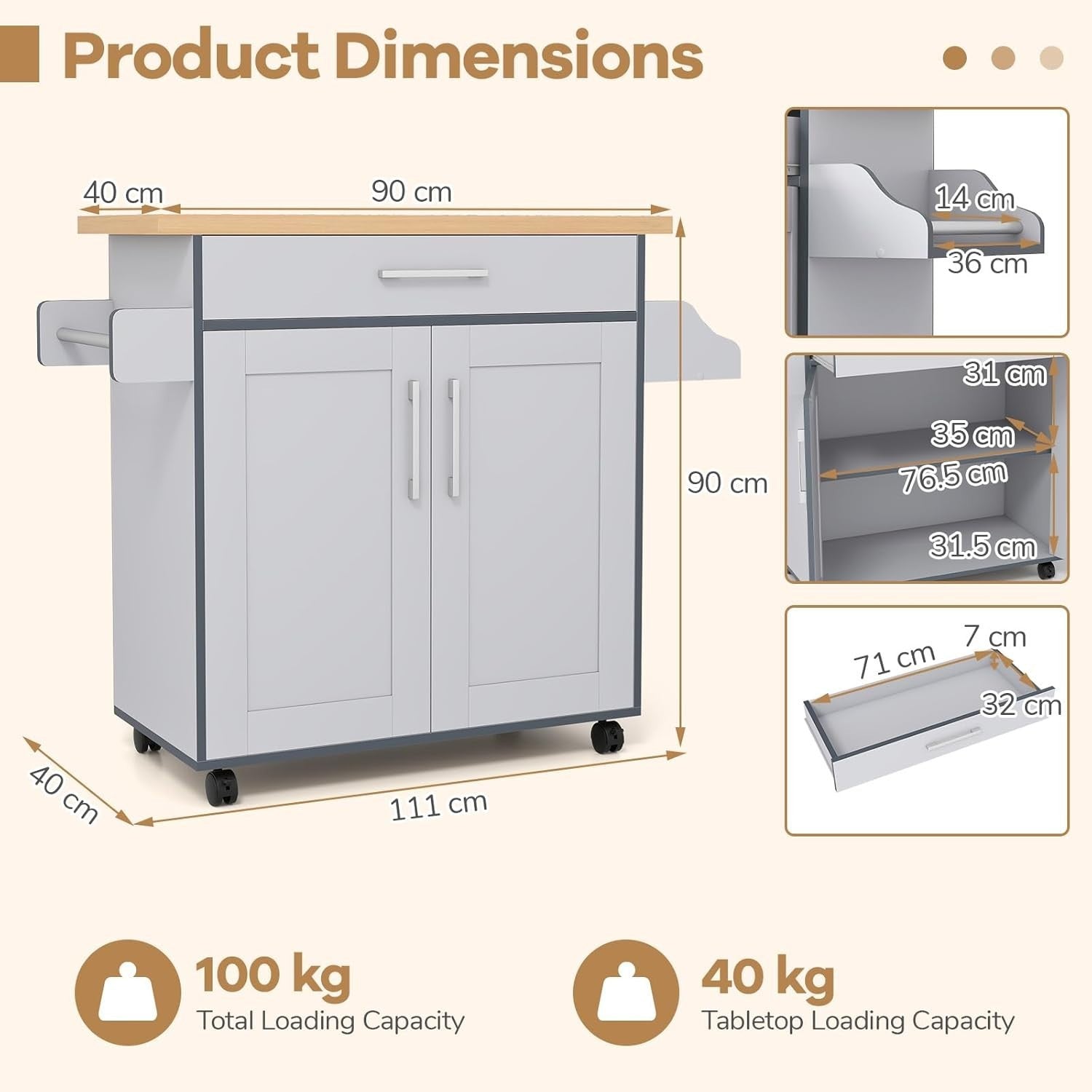 Large Kitchen Island Trolley Adjustable Shelf Drawer Grey