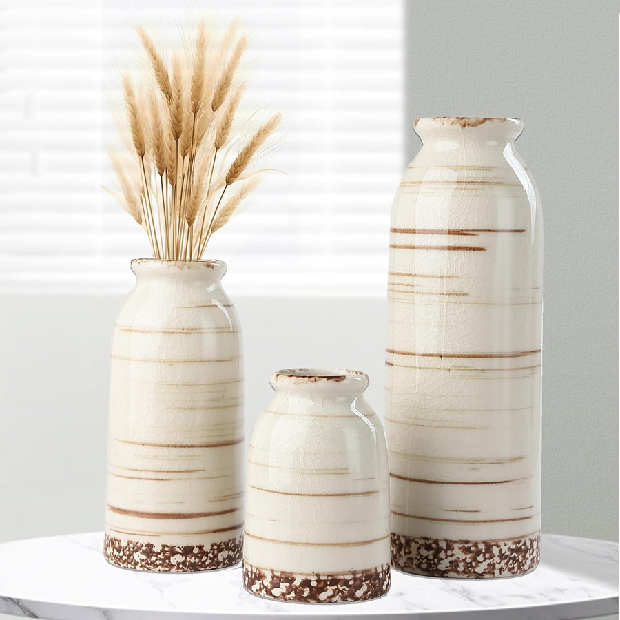 Beige Ceramic Vase Set of 3 Farmhouse Pampas Grass Vases Home Decor
