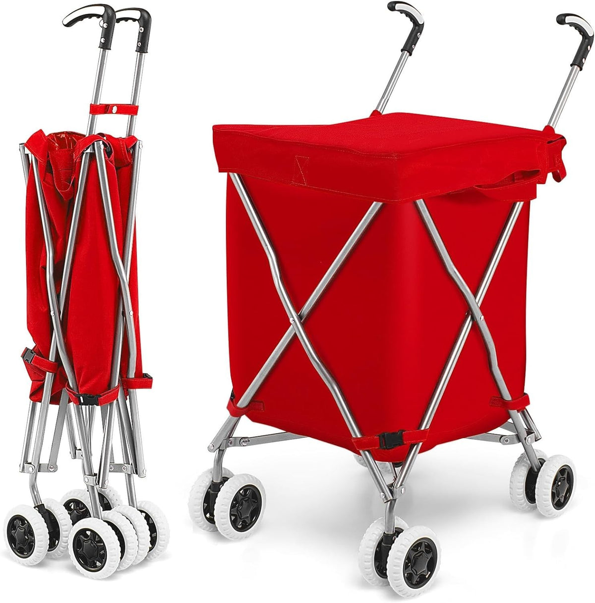 90L Folding Shopping Trolley 8 Wheels Large Push Cart Waterproof Red
