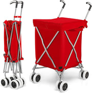 90L Folding Shopping Trolley 8 Wheels Large Push Cart Waterproof Red