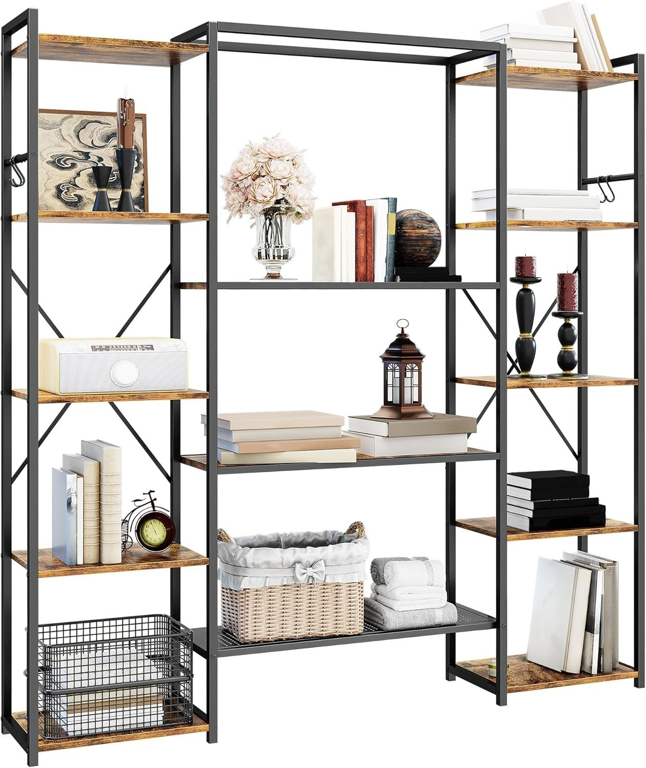 13 Shelf Industrial Bookcase Rustic Brown Metal & Wood Storage Display Rack